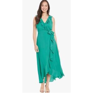 LONDON STYLE Dress SZ 4 Faux Wrap Ruffle Green NWT Hi Low Maxi Wedding Cocktail